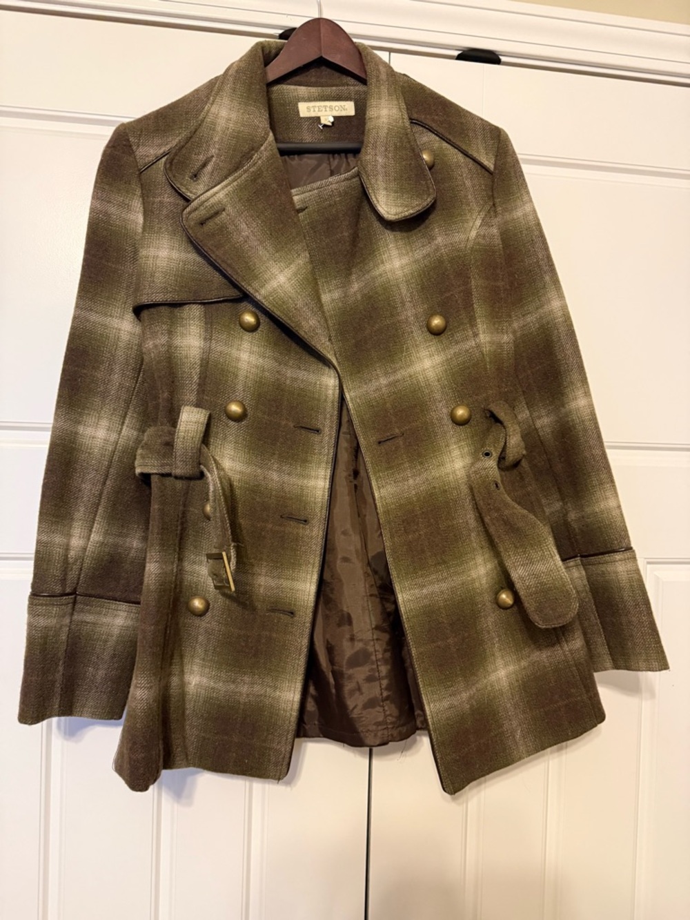 Stetson Olive Plaid Double-Breasted Pea Coat with Belt